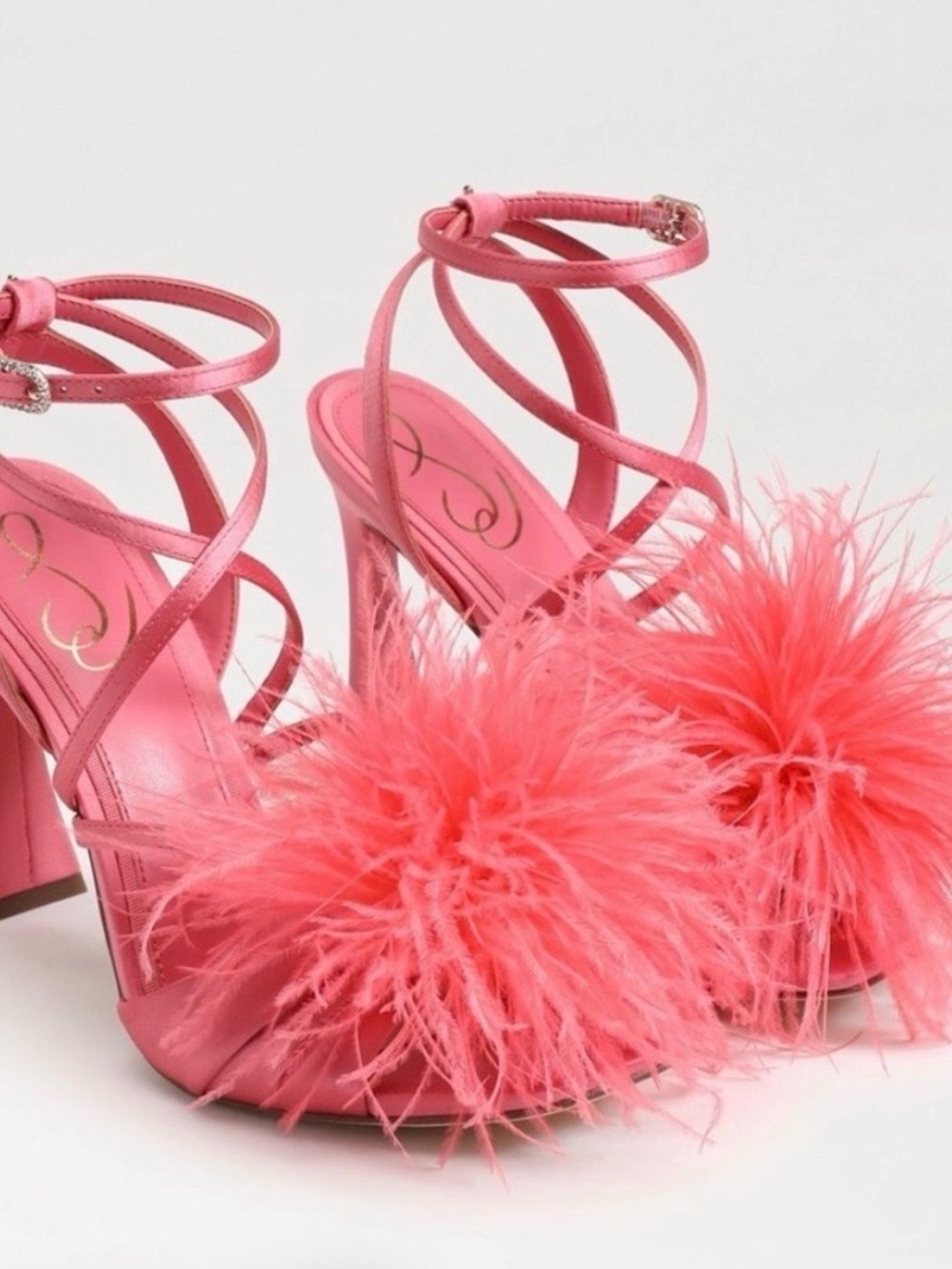 Sam Edelman Coral Pink Feather Pom-Pom Strappy Block Heels